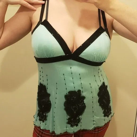 Blue Silk Lace Velvet Beaded Camisole - Picture 11 of 14